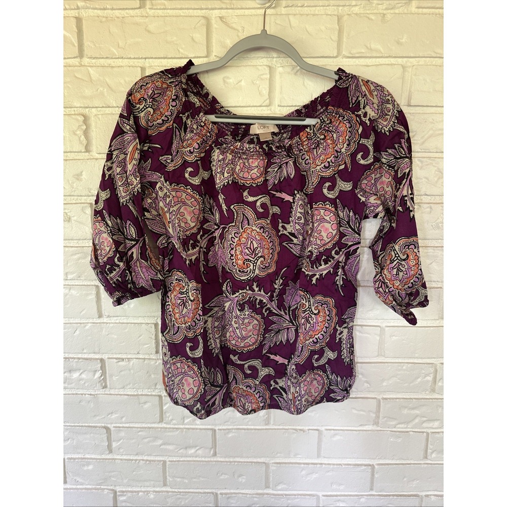 LOFT S Purple Pink Orange Paisley Smocked Pullover Round Neck 3/4 Sleeve Blouse